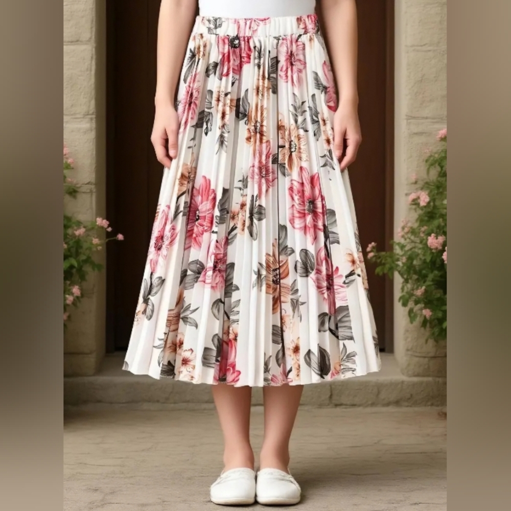 *S-XXL* Floral Pleated A-Line Skirt Pink & White  *COMING SOON 2X, 3X, & 4X* - Picture 3 of 4